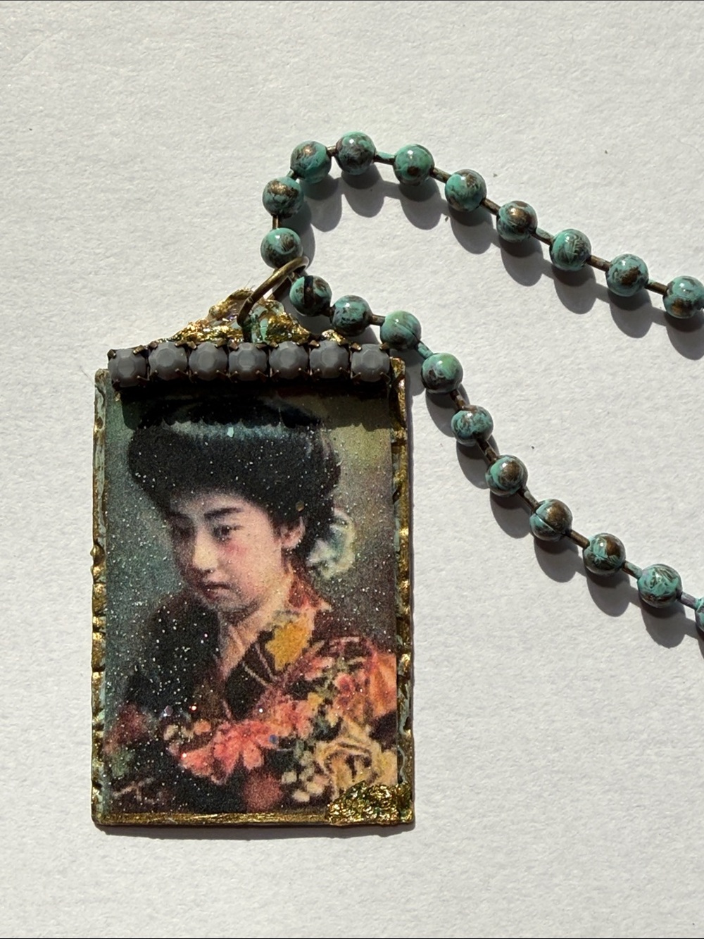 Vintage-Oriental Inspired Turquoise Bead Portrait Pendant Necklace - Unbranded